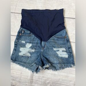 Pink Lily Navy Panel Distressed Denim Maternity Shorts